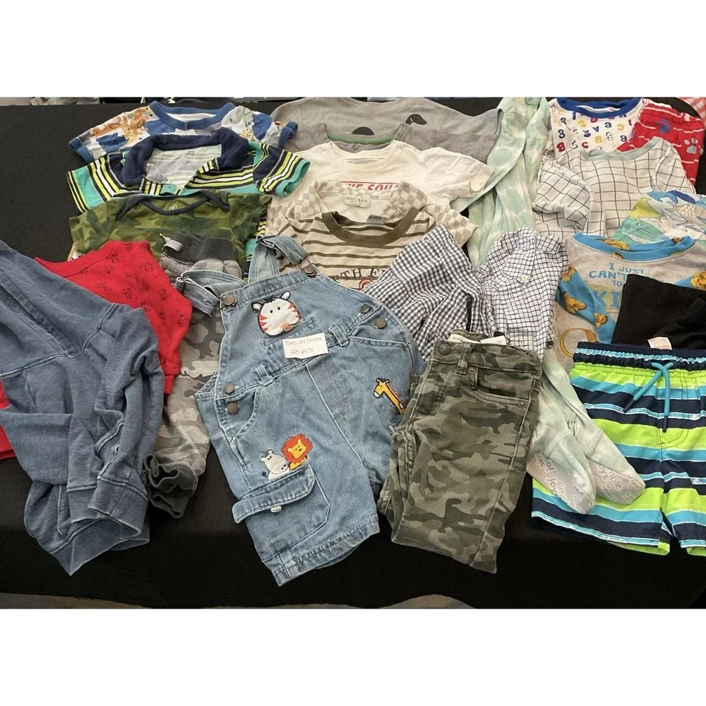 Mixed Brands 23pc Clothes Lot Boys 2T/24M Multicolor Disney Camo Swim Overalls